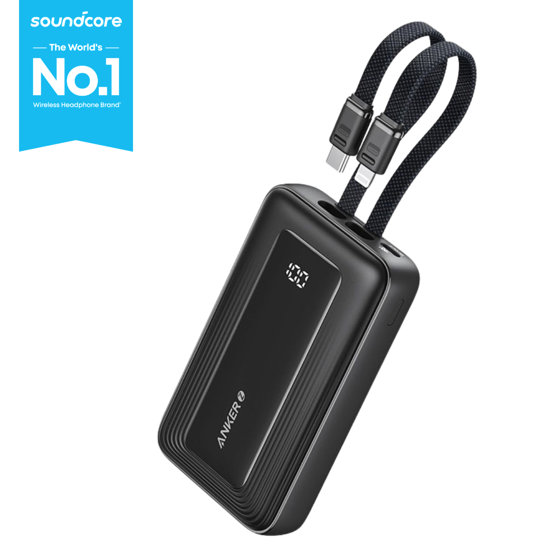 Anker Zolo Power Bank (10,000 mAh, 30W, with Built-in USB-C and Lightning Cable ) – Black